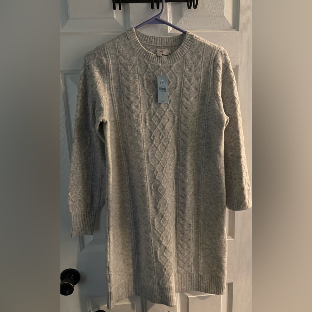 LOFT cable sweater dress- gray - medium petite NWT